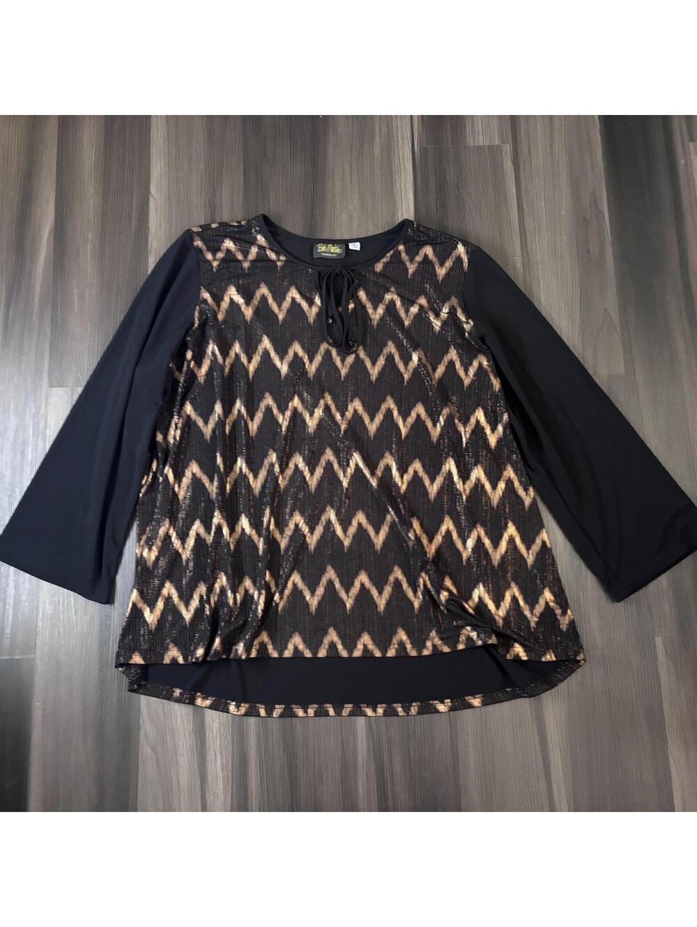 Bob Mackie Wearable Art Women's Blouse Plus Size 3X Black Gold Top Long Sleeve